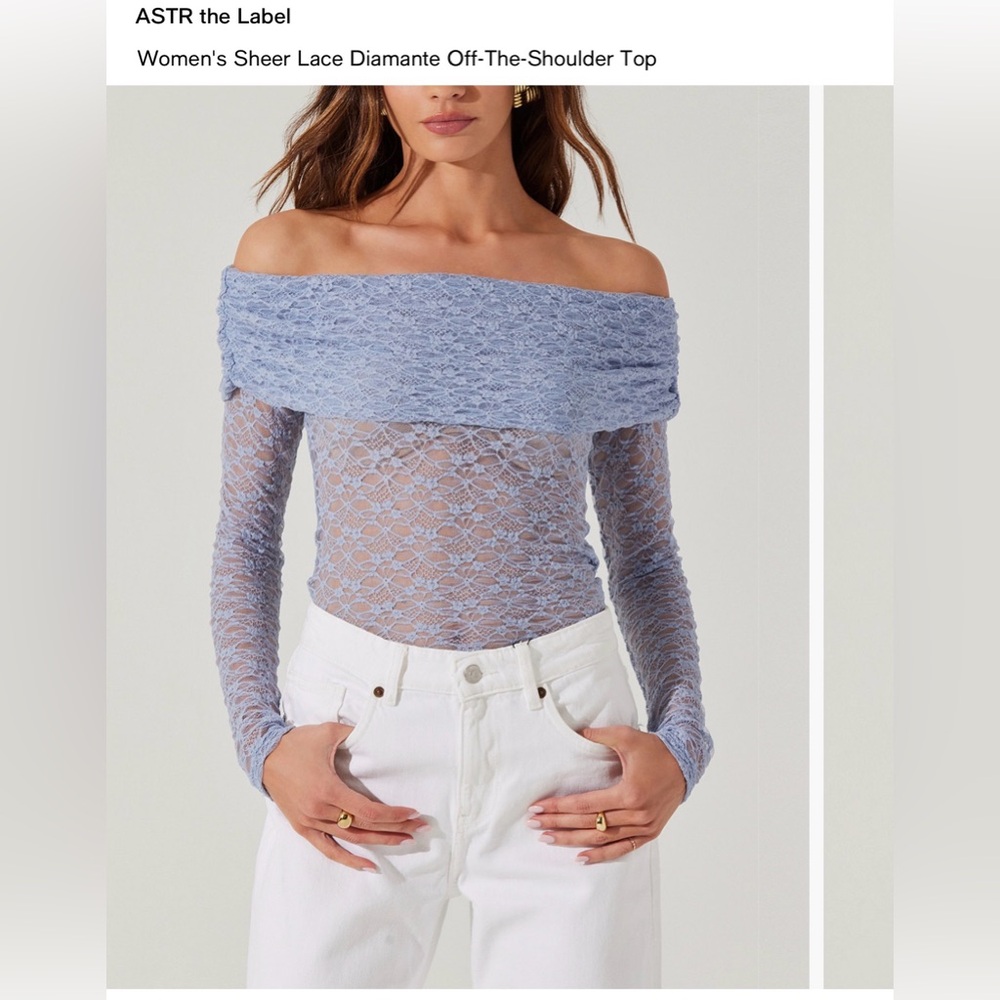 Astr The Label Blue Sheer Lace Off-The-Shoulder Top